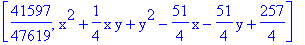 [41597/47619, x^2+1/4*x*y+y^2-51/4*x-51/4*y+257/4]